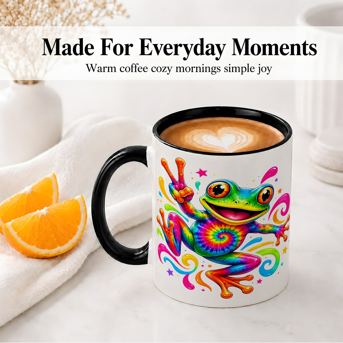 #pl[11oz|Black] Tie Dye Frog Ceramic Mug, Rainbow Peace Sign Colorful Artwork
