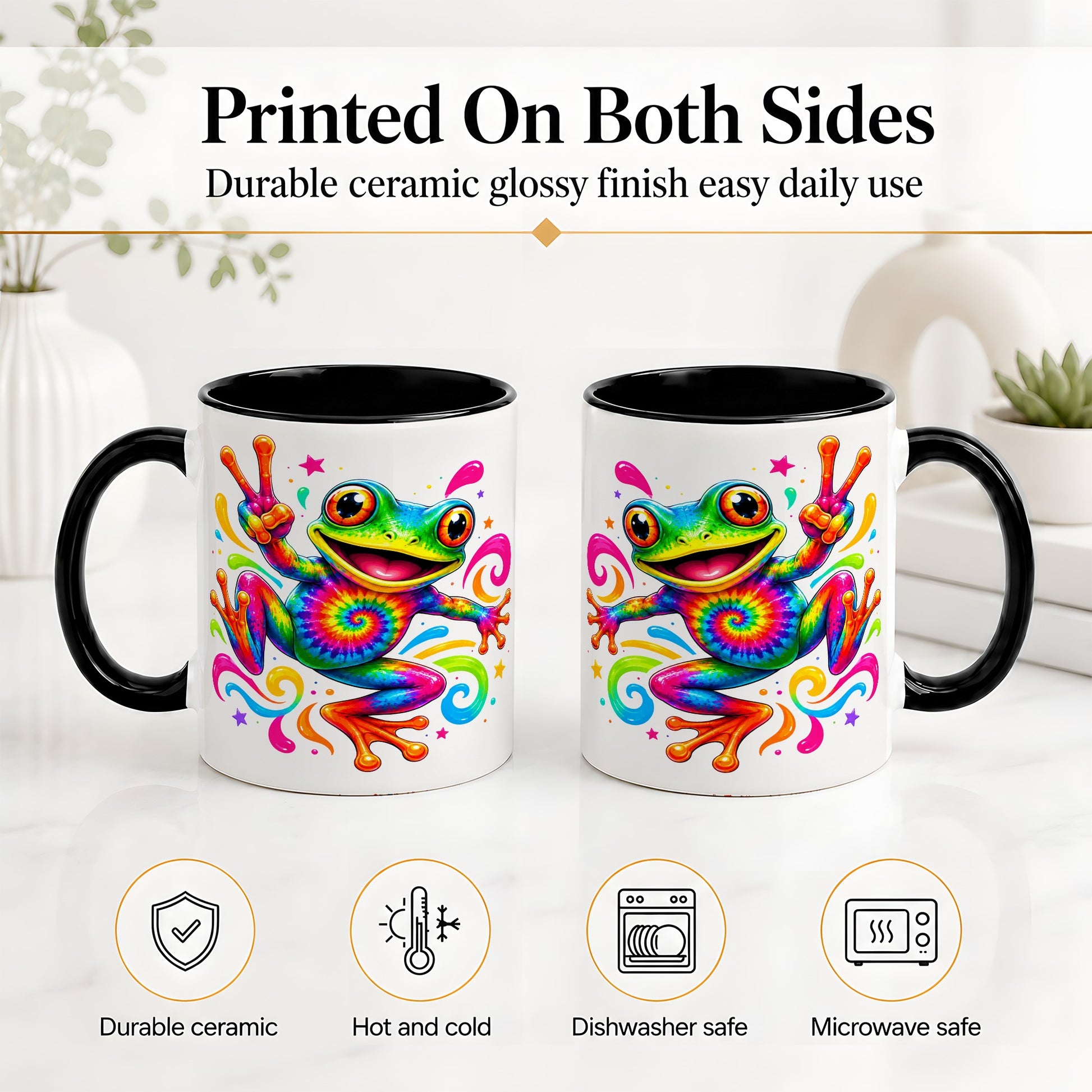 #pl[11oz|Black] Tie Dye Frog Ceramic Mug, Rainbow Peace Sign Colorful Artwork