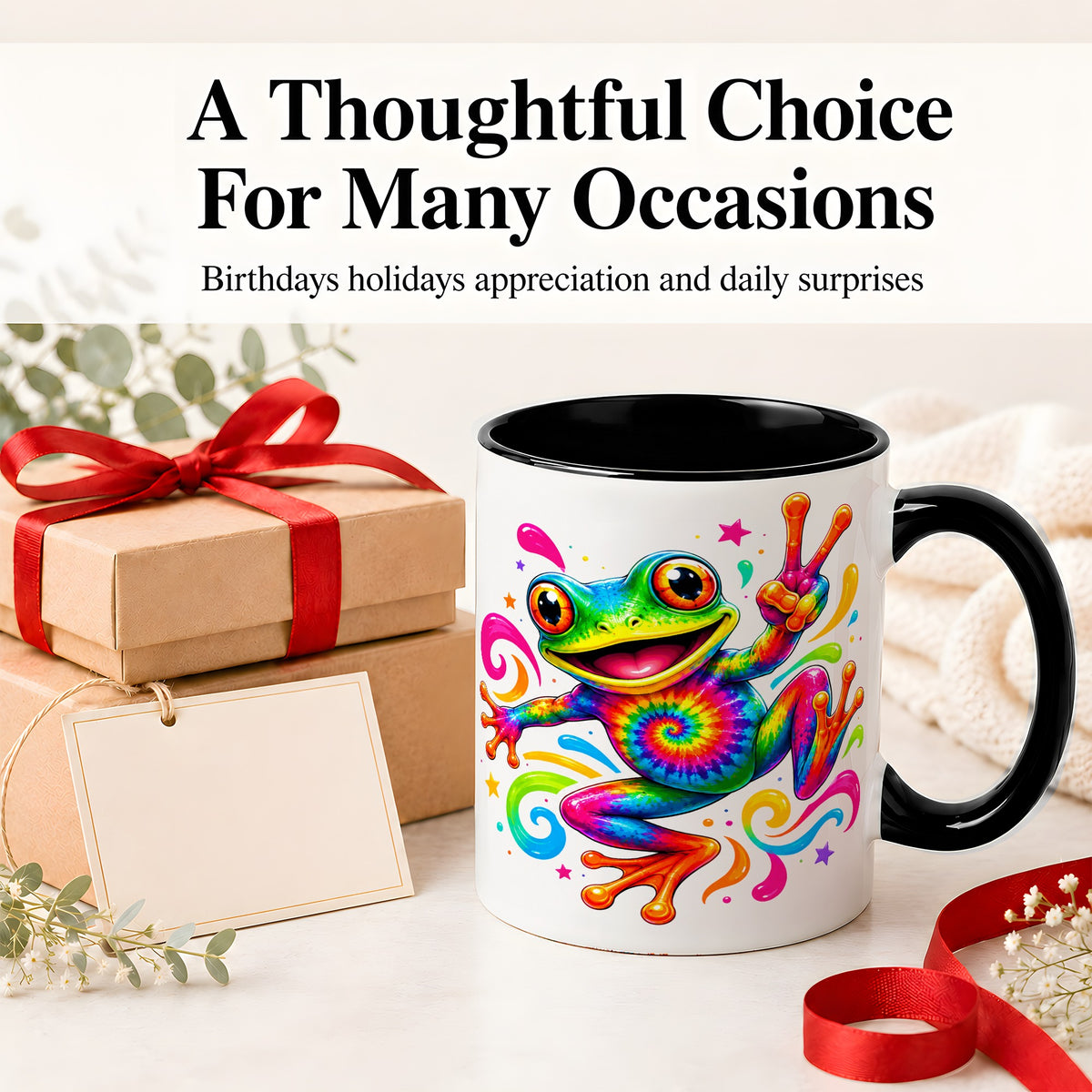 #pl[11oz|Black] Tie Dye Frog Ceramic Mug, Rainbow Peace Sign Colorful Artwork