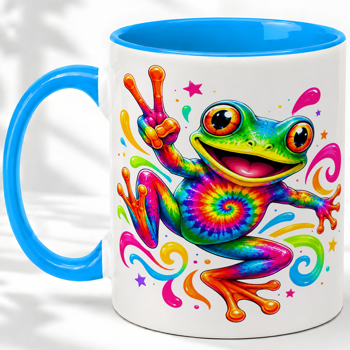 #pl[11oz|Blue] Tie Dye Frog Ceramic Mug, Rainbow Peace Sign Colorful Artwork