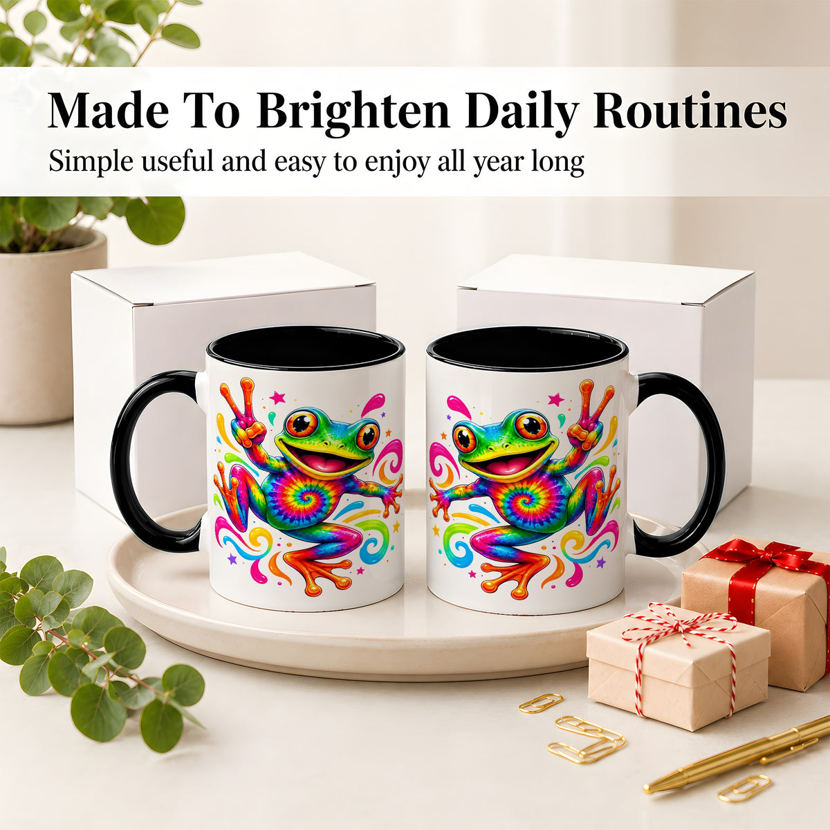 #pl[11oz|Black] Tie Dye Frog Ceramic Mug, Rainbow Peace Sign Colorful Artwork