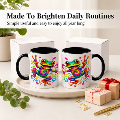 #pl[11oz|Black] Tie Dye Frog Ceramic Mug, Rainbow Peace Sign Colorful Artwork