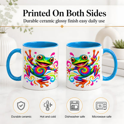 #pl[11oz|Blue] Tie Dye Frog Ceramic Mug, Rainbow Peace Sign Colorful Artwork