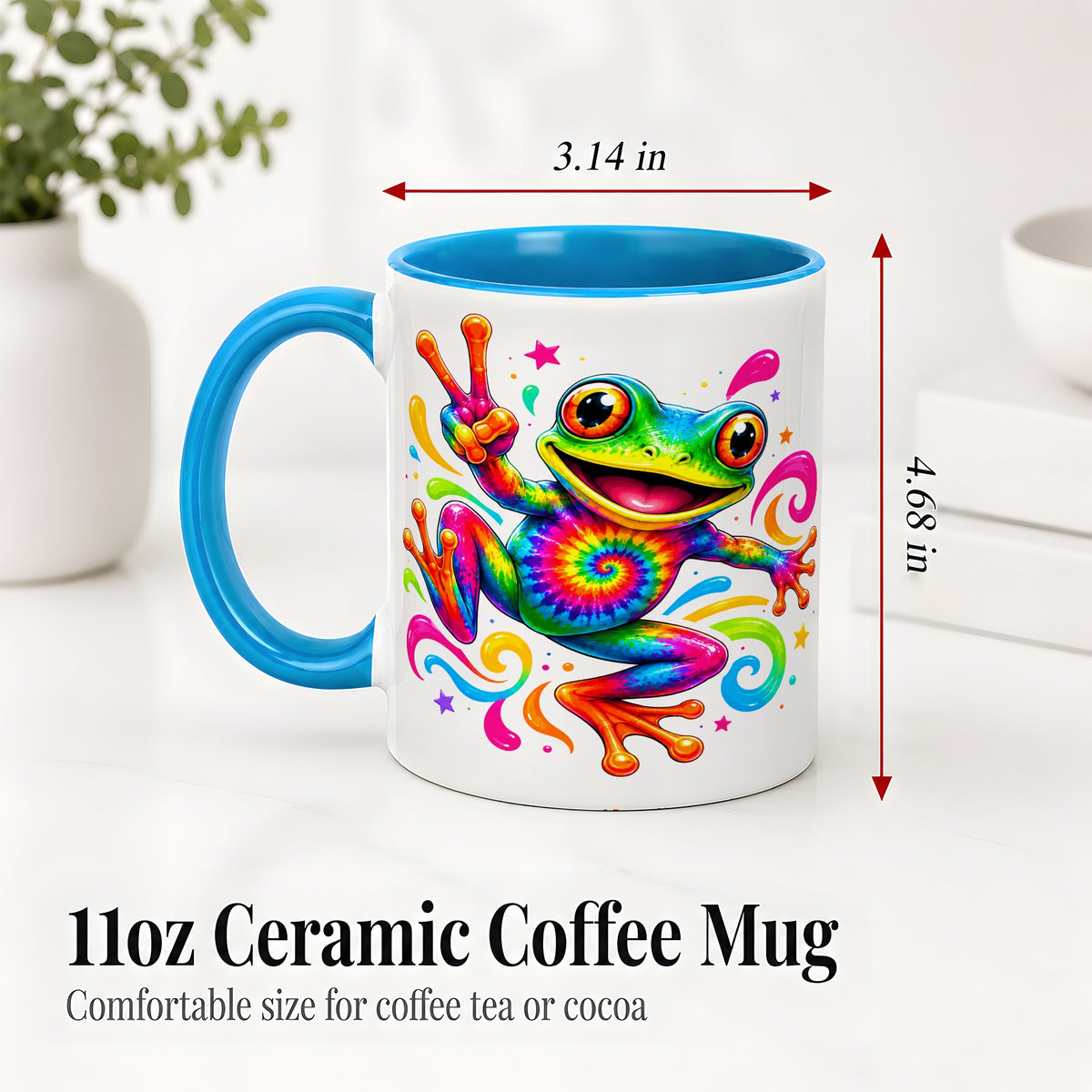 #pl[11oz|Blue] Tie Dye Frog Ceramic Mug, Rainbow Peace Sign Colorful Artwork