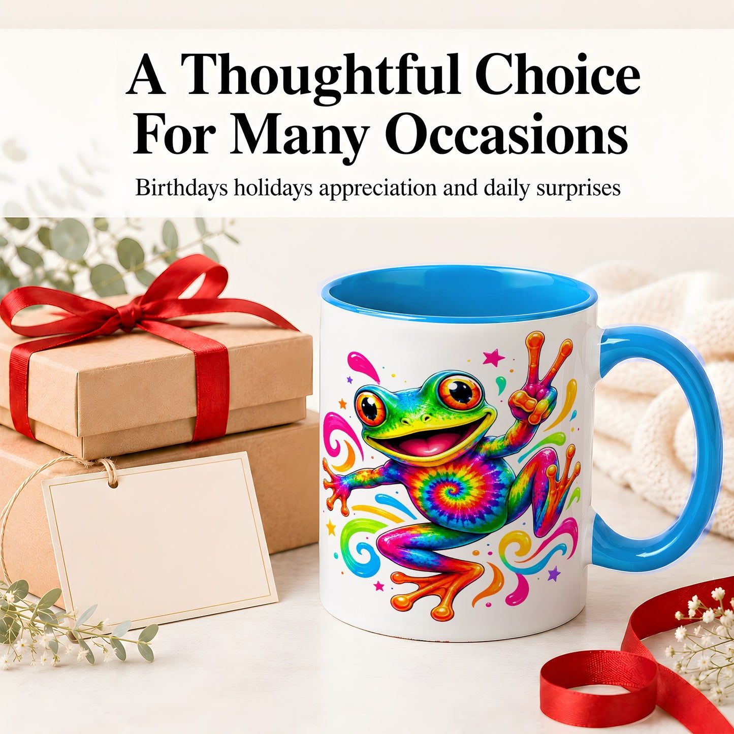 #pl[11oz|Blue] Tie Dye Frog Ceramic Mug, Rainbow Peace Sign Colorful Artwork