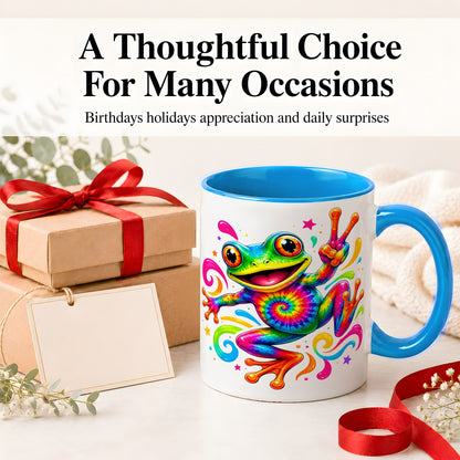 #pl[11oz|Blue] Tie Dye Frog Ceramic Mug, Rainbow Peace Sign Colorful Artwork