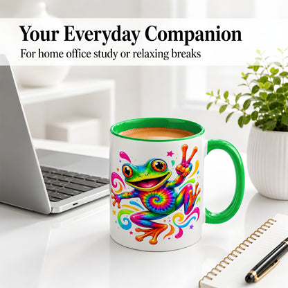#pl[11oz|Green] Tie Dye Frog Ceramic Mug, Rainbow Peace Sign Colorful Artwork