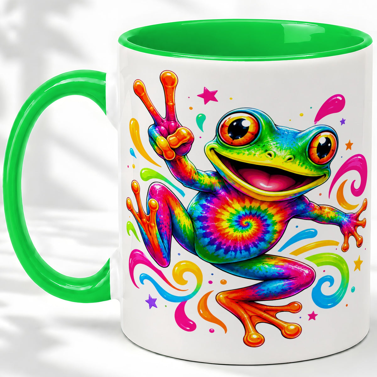 #pl[11oz|Green] Tie Dye Frog Ceramic Mug, Rainbow Peace Sign Colorful Artwork