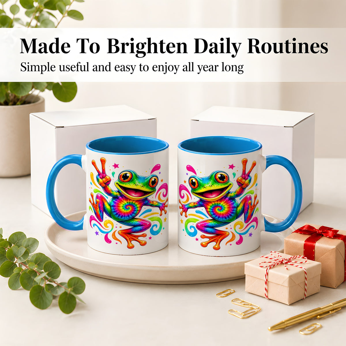 #pl[11oz|Blue] Tie Dye Frog Ceramic Mug, Rainbow Peace Sign Colorful Artwork