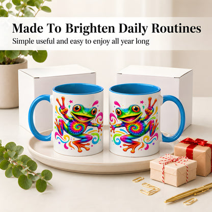 #pl[11oz|Blue] Tie Dye Frog Ceramic Mug, Rainbow Peace Sign Colorful Artwork