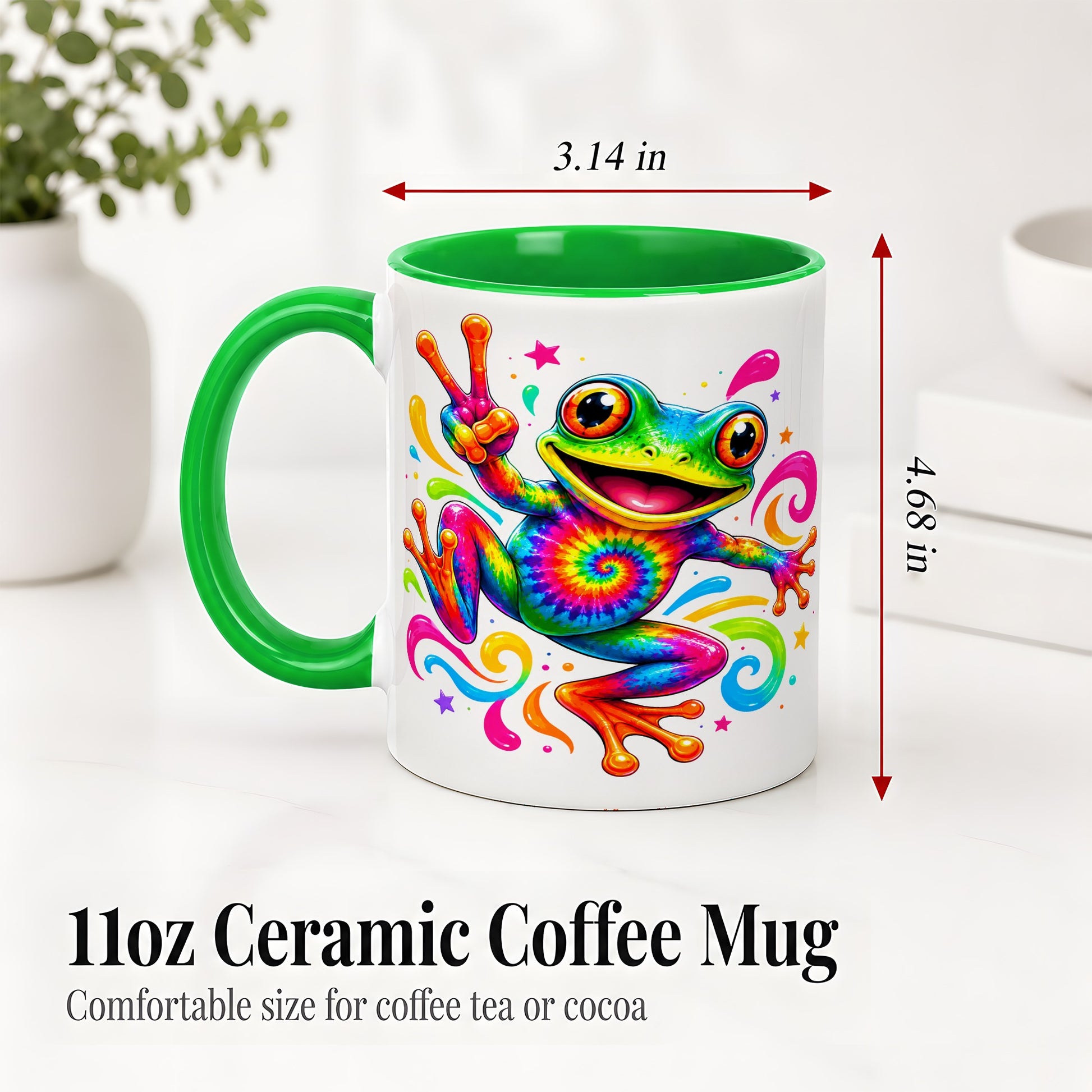#pl[11oz|Green] Tie Dye Frog Ceramic Mug, Rainbow Peace Sign Colorful Artwork