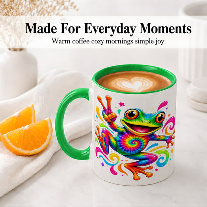 #pl[11oz|Green] Tie Dye Frog Ceramic Mug, Rainbow Peace Sign Colorful Artwork