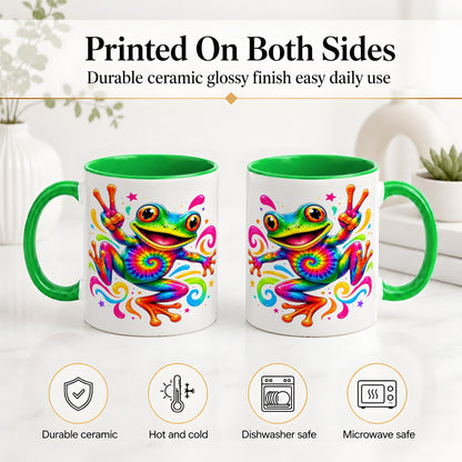 #pl[11oz|Green] Tie Dye Frog Ceramic Mug, Rainbow Peace Sign Colorful Artwork