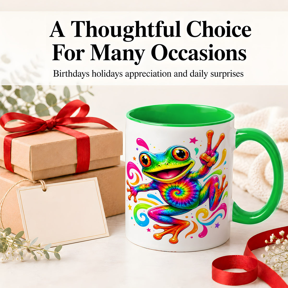 #pl[11oz|Green] Tie Dye Frog Ceramic Mug, Rainbow Peace Sign Colorful Artwork