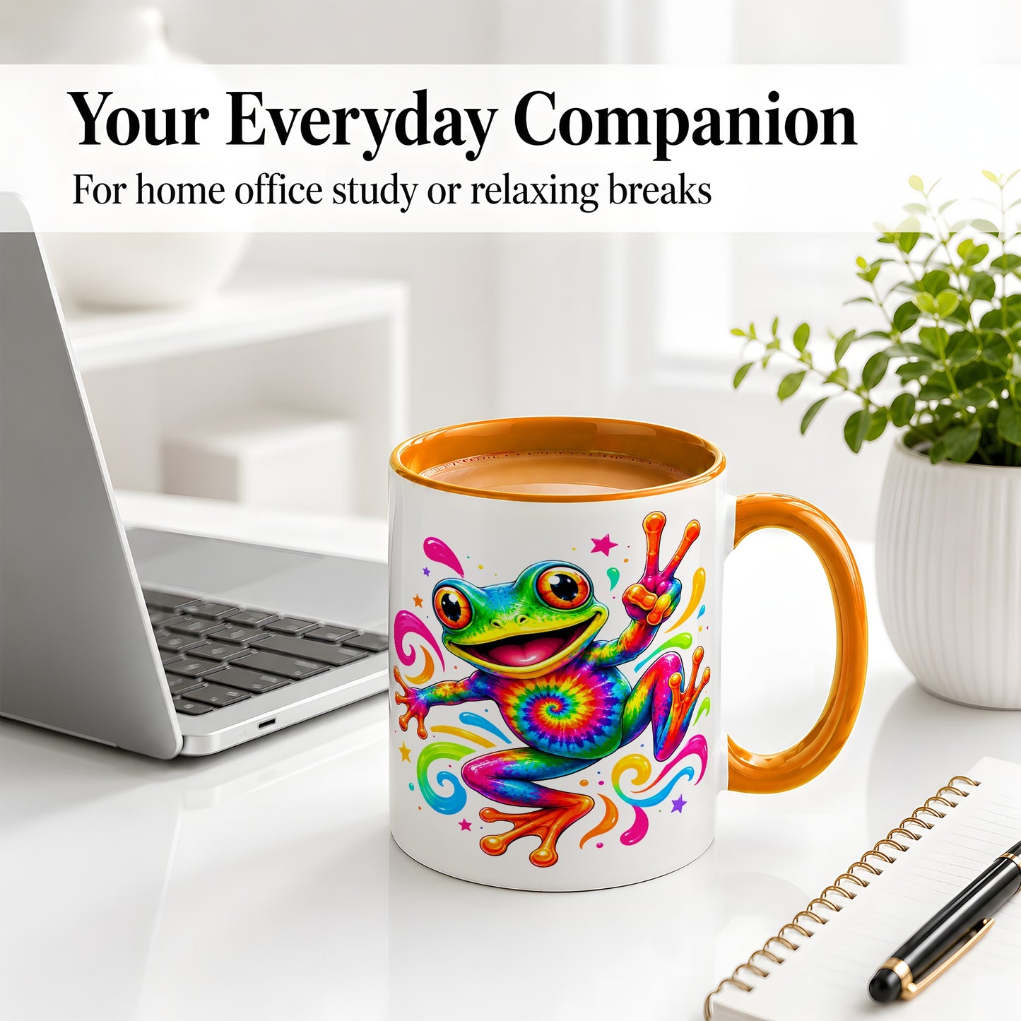 #pl[11oz|Orange] Tie Dye Frog Ceramic Mug, Rainbow Peace Sign Colorful Artwork