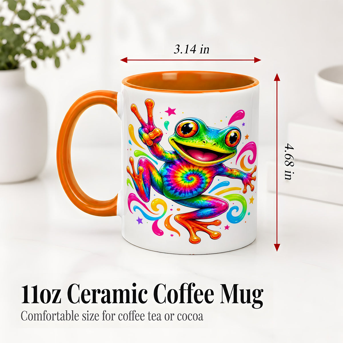 #pl[11oz|Orange] Tie Dye Frog Ceramic Mug, Rainbow Peace Sign Colorful Artwork