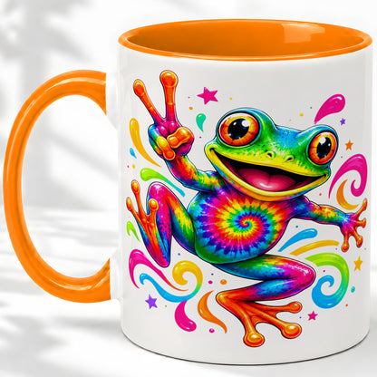 #pl[11oz|Orange] Tie Dye Frog Ceramic Mug, Rainbow Peace Sign Colorful Artwork