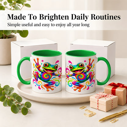 #pl[11oz|Green] Tie Dye Frog Ceramic Mug, Rainbow Peace Sign Colorful Artwork