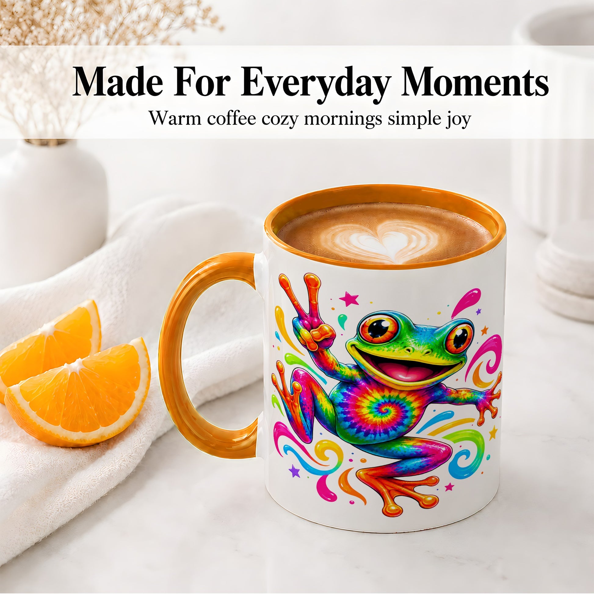 #pl[11oz|Orange] Tie Dye Frog Ceramic Mug, Rainbow Peace Sign Colorful Artwork