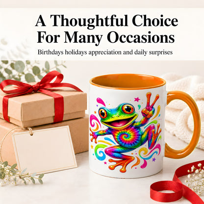 #pl[11oz|Orange] Tie Dye Frog Ceramic Mug, Rainbow Peace Sign Colorful Artwork