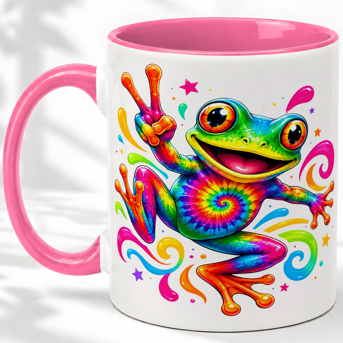 #pl[11oz|Pink] Tie Dye Frog Ceramic Mug, Rainbow Peace Sign Colorful Artwork