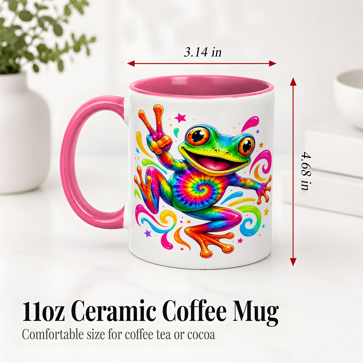 #pl[11oz|Pink] Tie Dye Frog Ceramic Mug, Rainbow Peace Sign Colorful Artwork