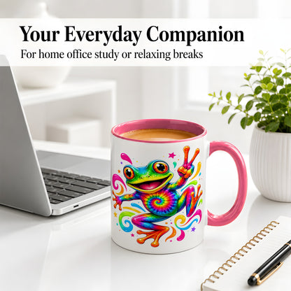 #pl[11oz|Pink] Tie Dye Frog Ceramic Mug, Rainbow Peace Sign Colorful Artwork