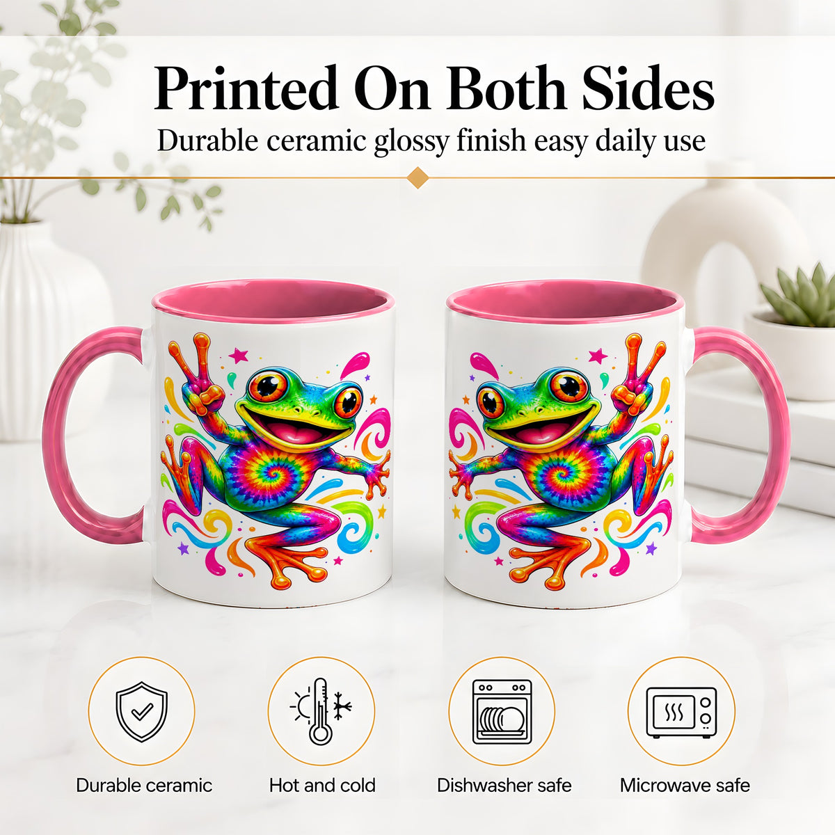 #pl[11oz|Pink] Tie Dye Frog Ceramic Mug, Rainbow Peace Sign Colorful Artwork