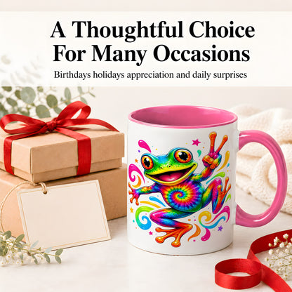 #pl[11oz|Pink] Tie Dye Frog Ceramic Mug, Rainbow Peace Sign Colorful Artwork