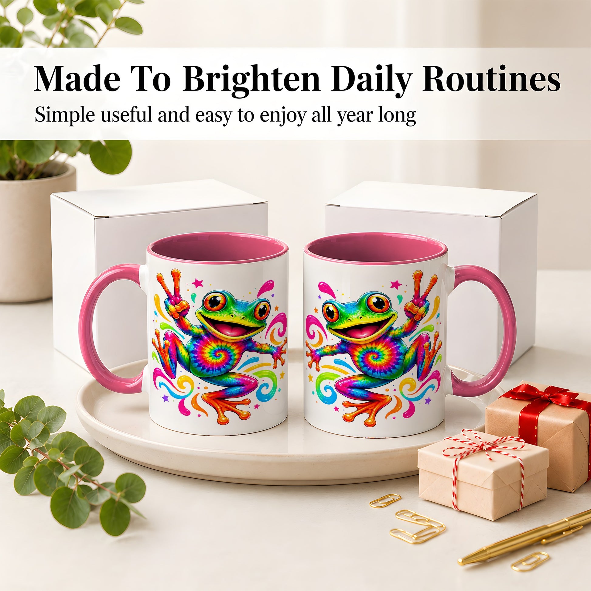 #pl[11oz|Pink] Tie Dye Frog Ceramic Mug, Rainbow Peace Sign Colorful Artwork