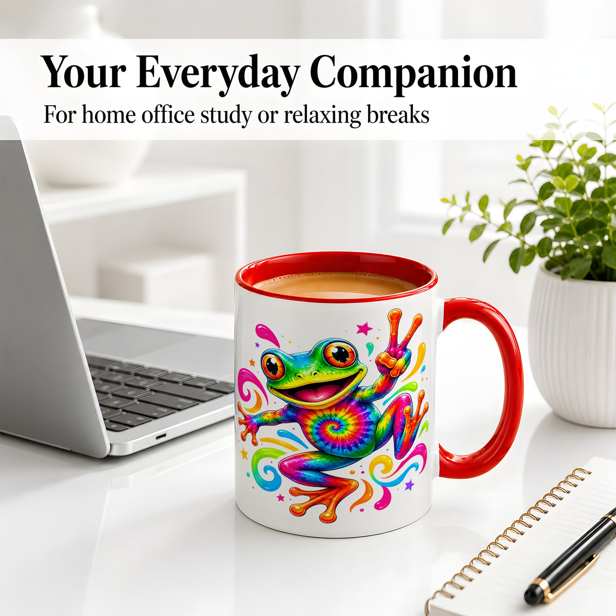 #pl[11oz|Red] Tie Dye Frog Ceramic Mug, Rainbow Peace Sign Colorful Artwork