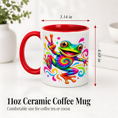 #pl[11oz|Red] Tie Dye Frog Ceramic Mug, Rainbow Peace Sign Colorful Artwork