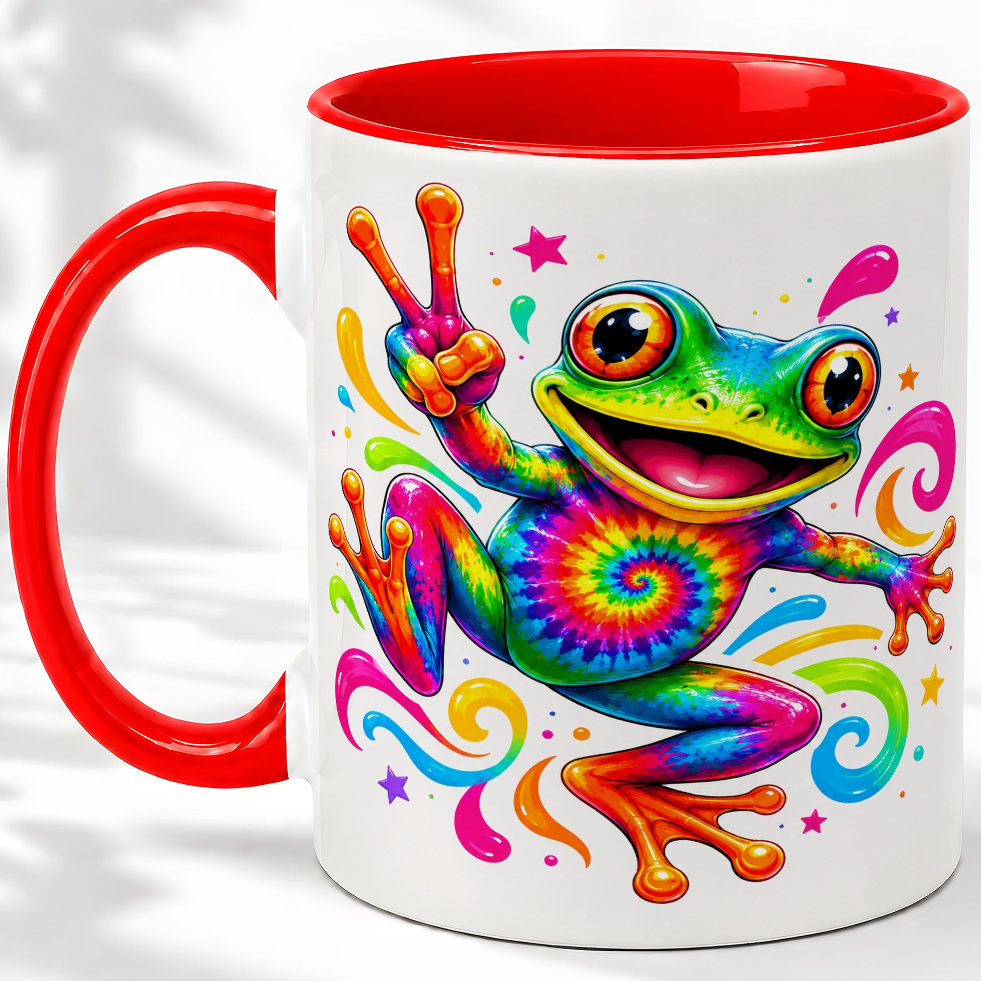 Tie Dye Frog Ceramic Mug, Rainbow Peace Sign Colorful Artwork