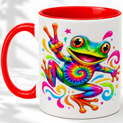 Tie Dye Frog Ceramic Mug, Rainbow Peace Sign Colorful Artwork