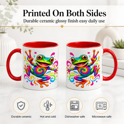 #pl[11oz|Red] Tie Dye Frog Ceramic Mug, Rainbow Peace Sign Colorful Artwork