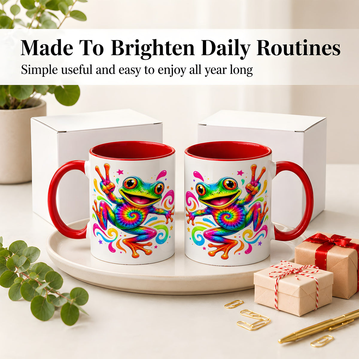#pl[11oz|Red] Tie Dye Frog Ceramic Mug, Rainbow Peace Sign Colorful Artwork