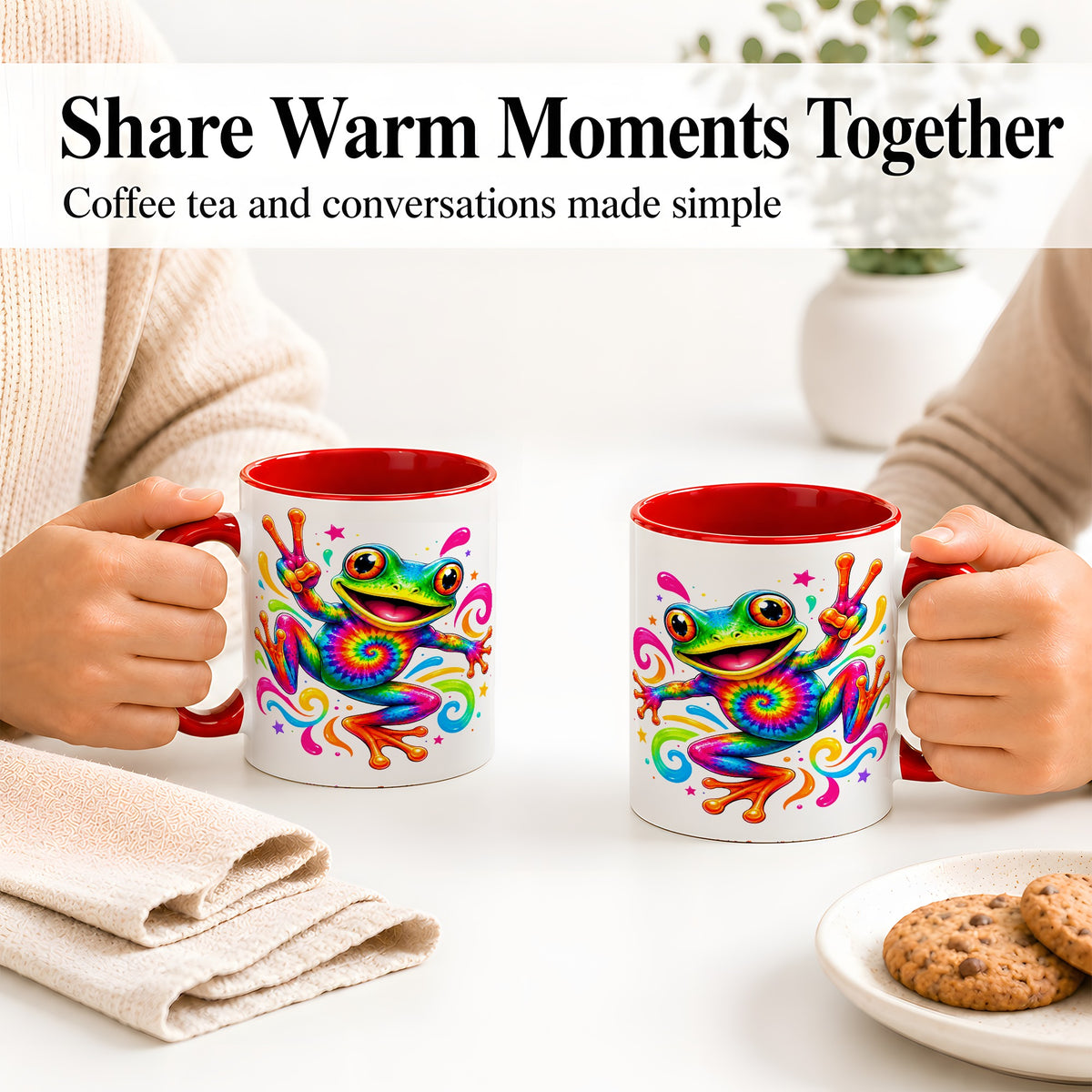 #pl[11oz|Red] Tie Dye Frog Ceramic Mug, Rainbow Peace Sign Colorful Artwork
