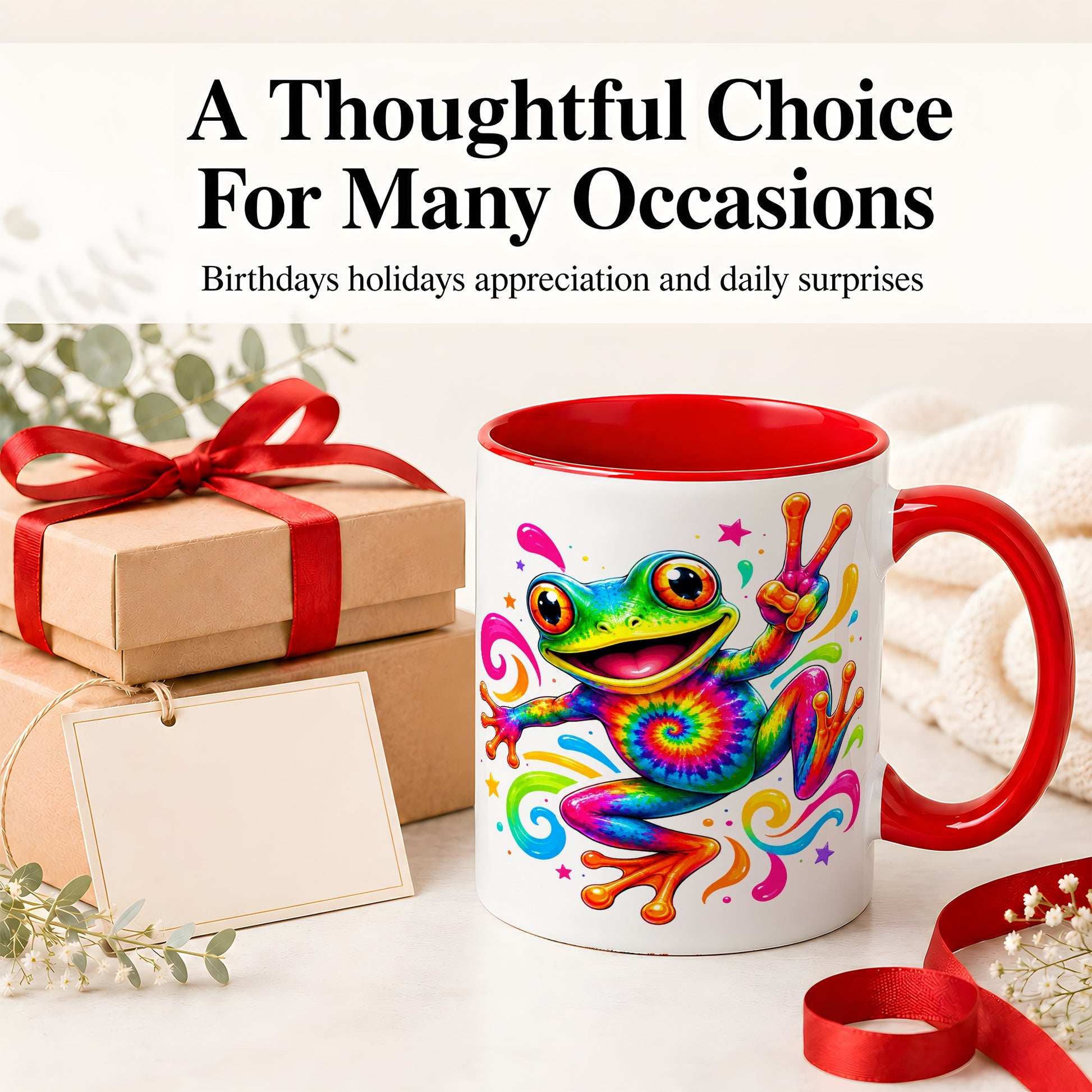 #pl[11oz|Red] Tie Dye Frog Ceramic Mug, Rainbow Peace Sign Colorful Artwork