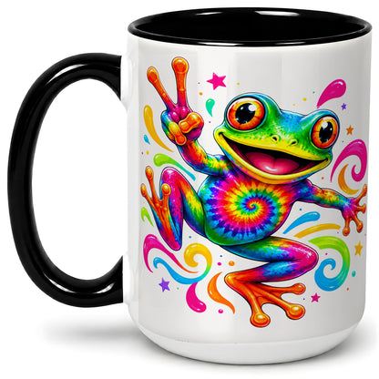 #pl[15oz|Black] Tie Dye Frog Ceramic Mug, Rainbow Peace Sign Colorful Artwork