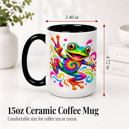 #pl[15oz|Black] Tie Dye Frog Ceramic Mug, Rainbow Peace Sign Colorful Artwork