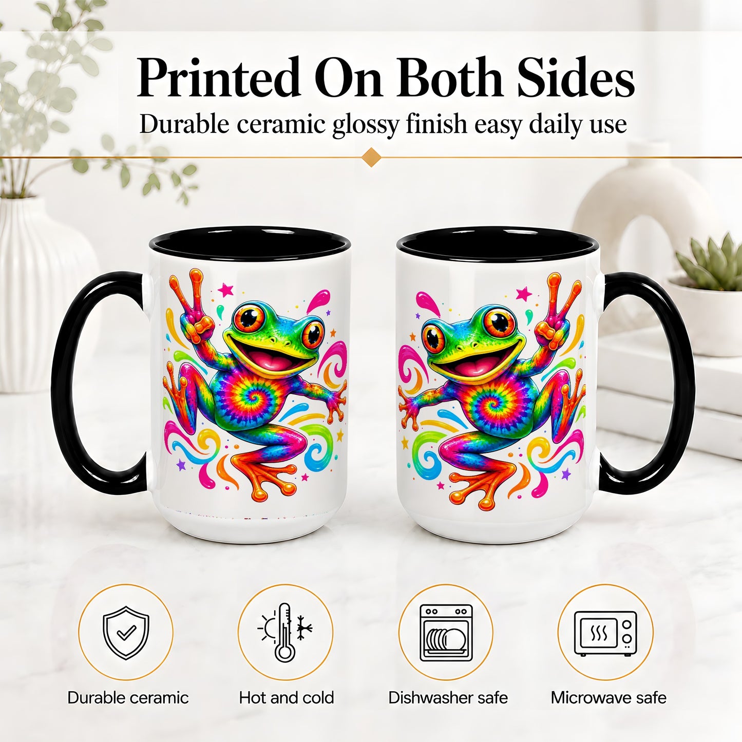 #pl[15oz|Black] Tie Dye Frog Ceramic Mug, Rainbow Peace Sign Colorful Artwork