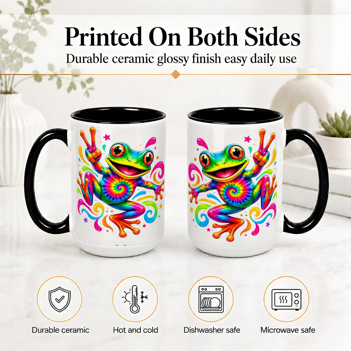 #pl[15oz|Black] Tie Dye Frog Ceramic Mug, Rainbow Peace Sign Colorful Artwork