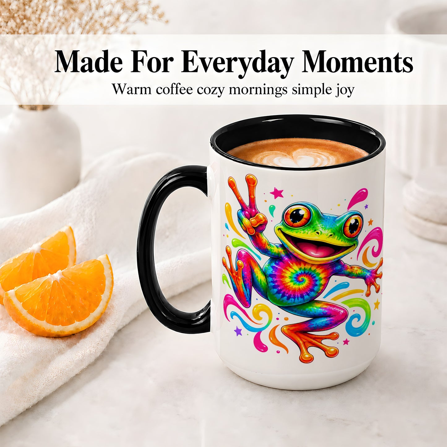#pl[15oz|Black] Tie Dye Frog Ceramic Mug, Rainbow Peace Sign Colorful Artwork