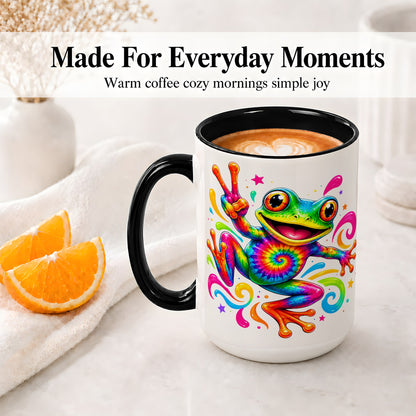 #pl[15oz|Black] Tie Dye Frog Ceramic Mug, Rainbow Peace Sign Colorful Artwork
