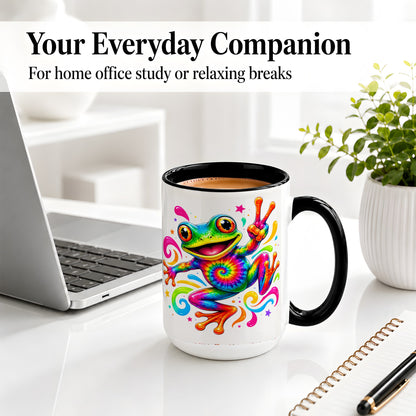 #pl[15oz|Black] Tie Dye Frog Ceramic Mug, Rainbow Peace Sign Colorful Artwork