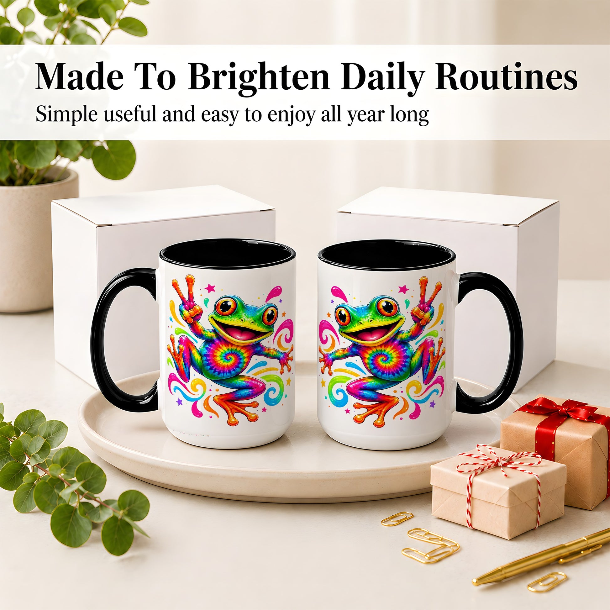 #pl[15oz|Black] Tie Dye Frog Ceramic Mug, Rainbow Peace Sign Colorful Artwork