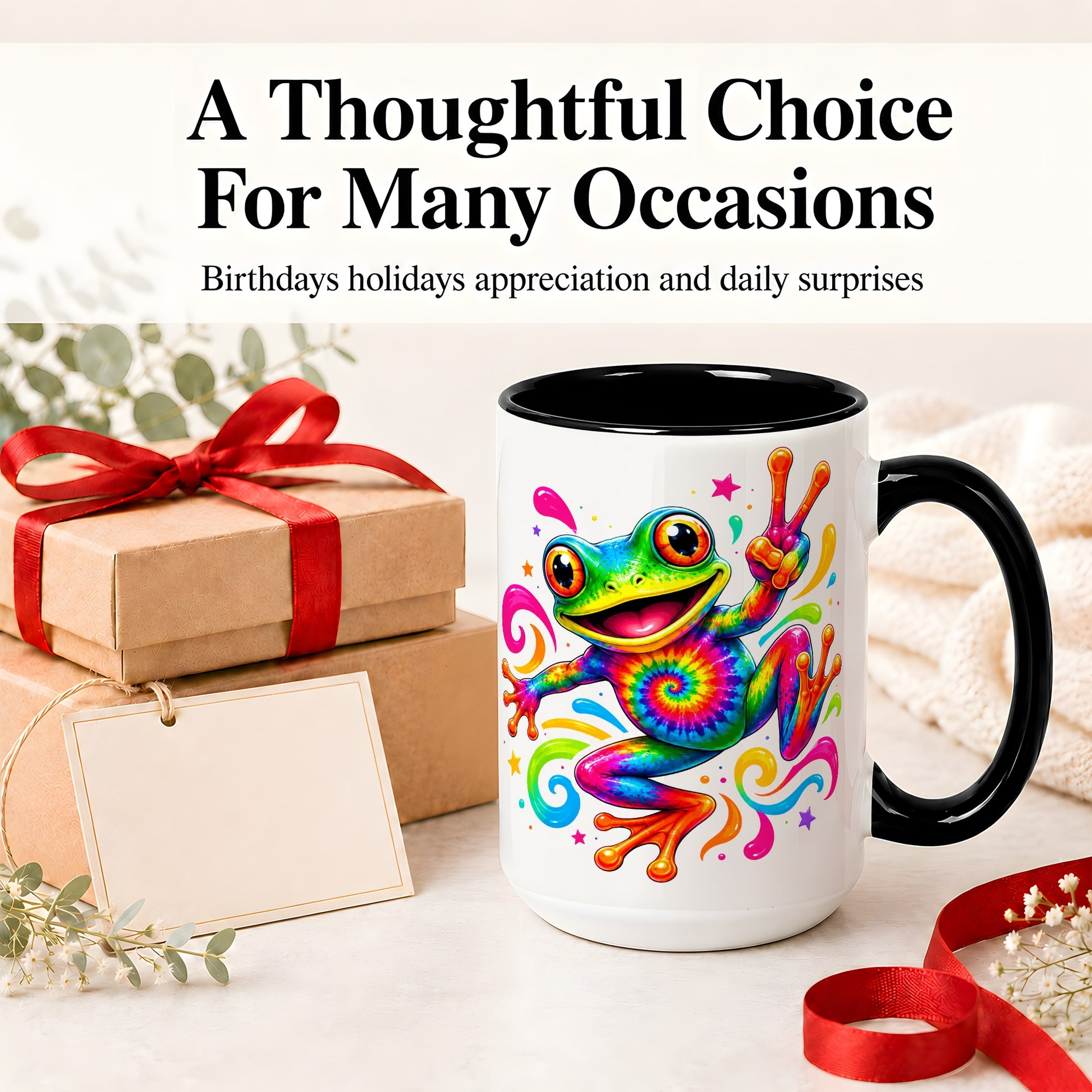 #pl[15oz|Black] Tie Dye Frog Ceramic Mug, Rainbow Peace Sign Colorful Artwork