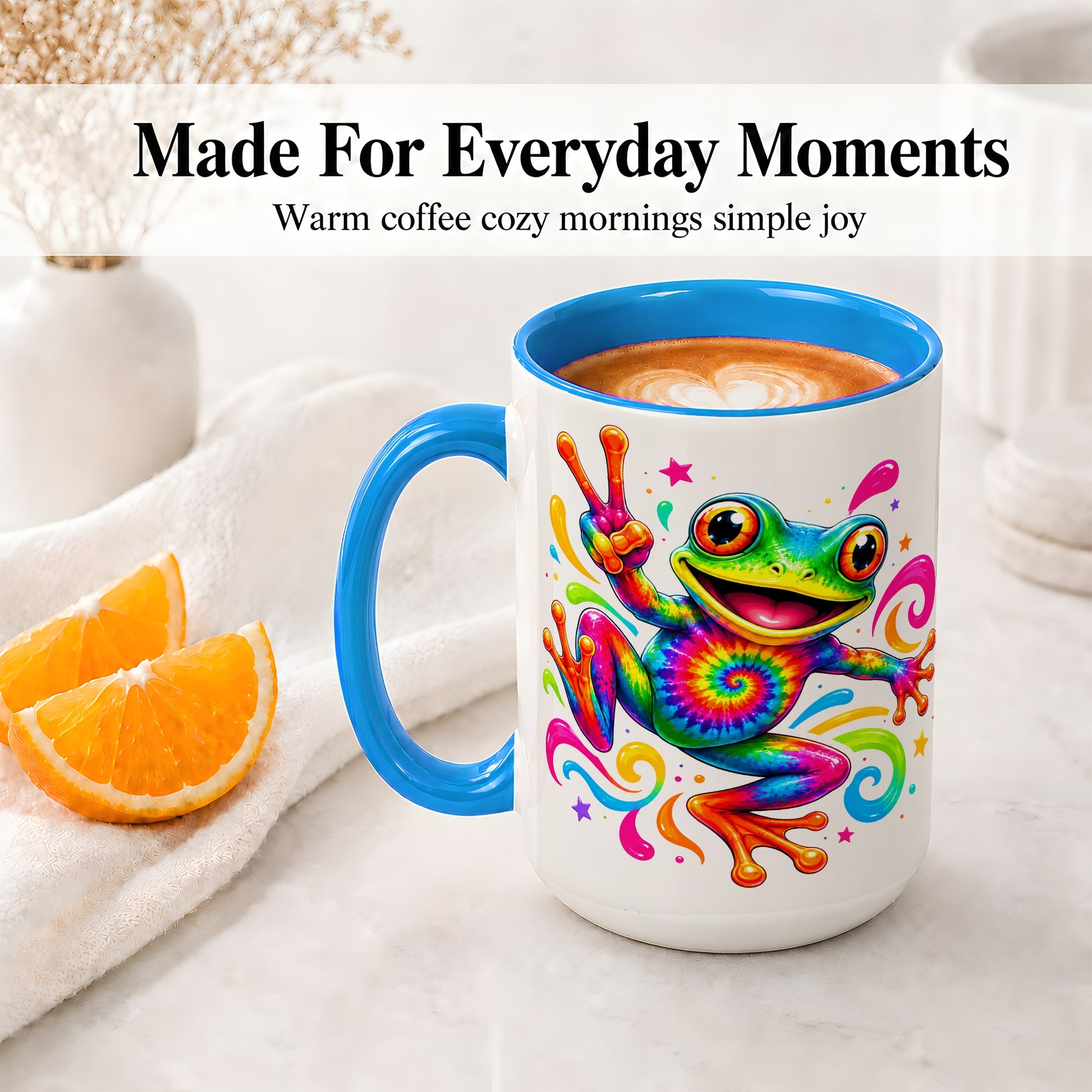 #pl[15oz|Blue] Tie Dye Frog Ceramic Mug, Rainbow Peace Sign Colorful Artwork