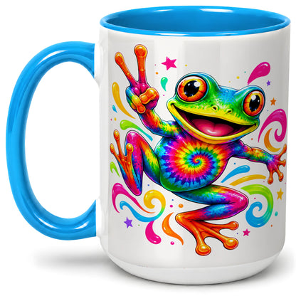 #pl[15oz|Blue] Tie Dye Frog Ceramic Mug, Rainbow Peace Sign Colorful Artwork