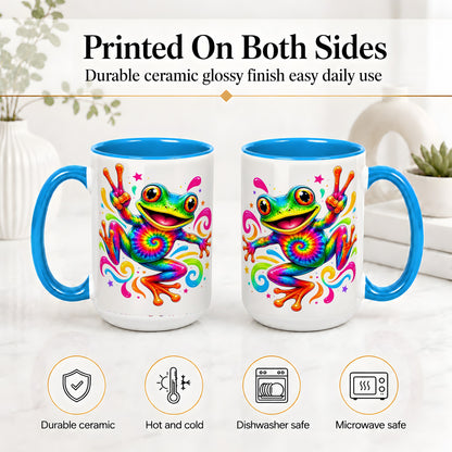 #pl[15oz|Blue] Tie Dye Frog Ceramic Mug, Rainbow Peace Sign Colorful Artwork